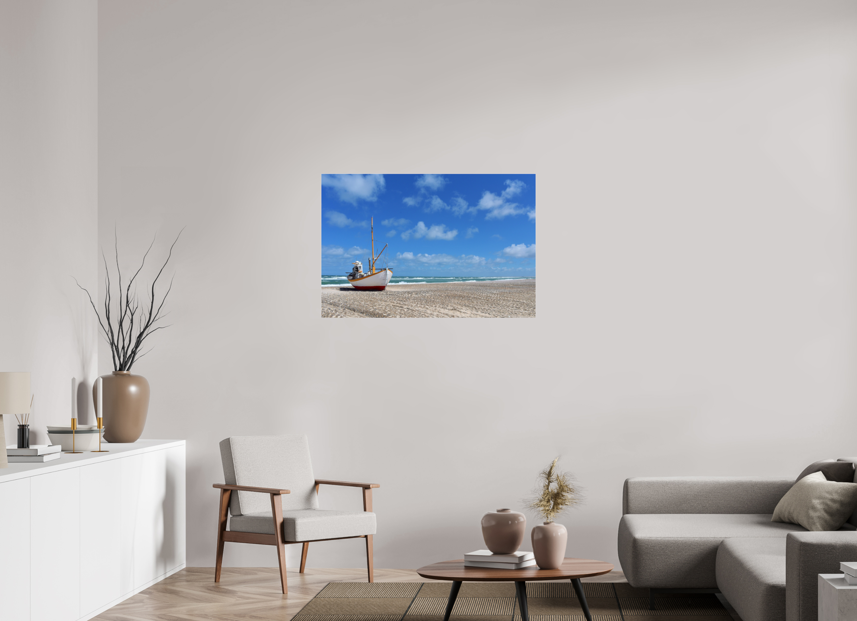 104,1 x 70 cm, Photo Print Under Acrylic Glass Fishing boat on the beach