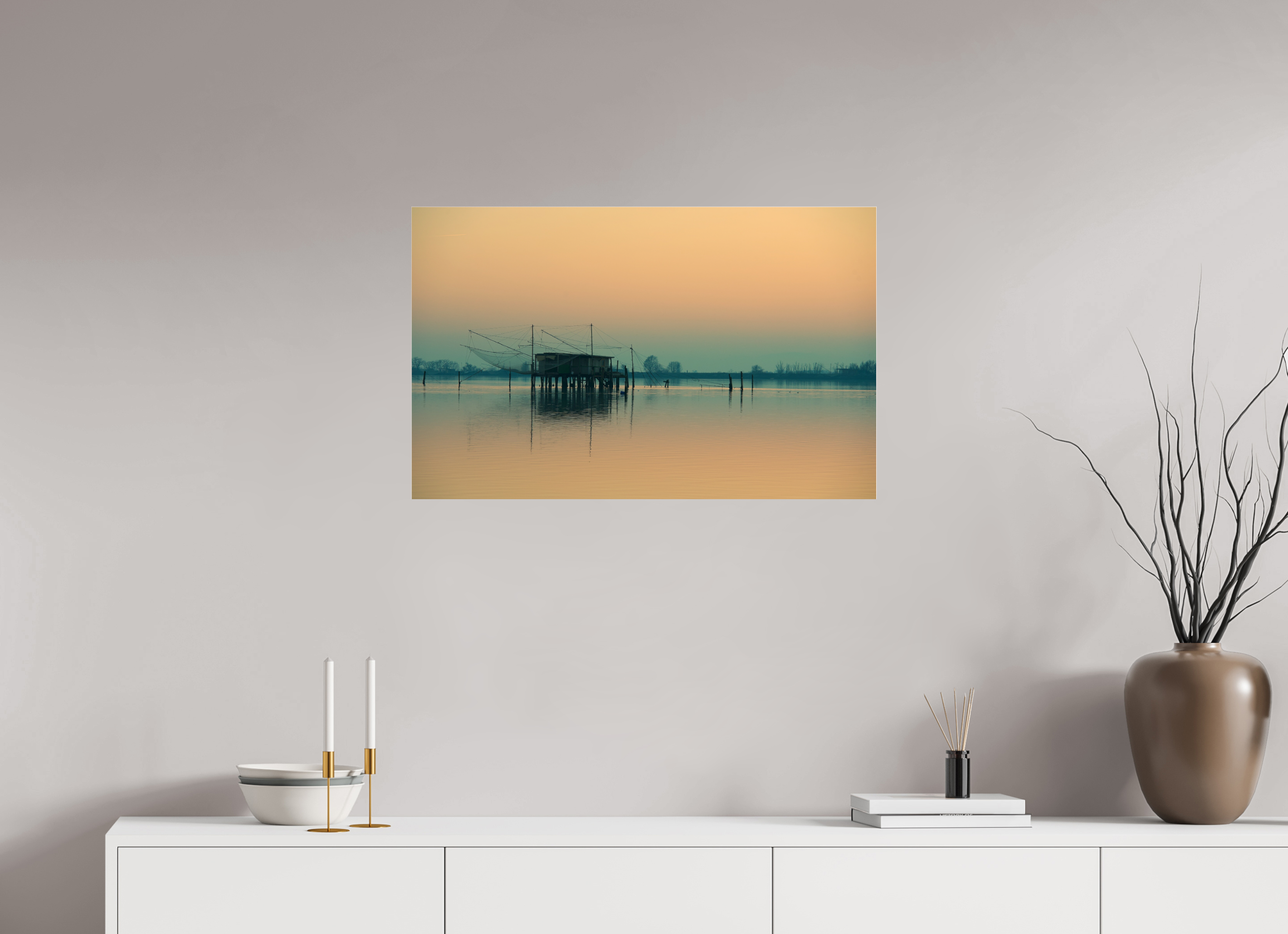 79,5 x 50 cm, Photo Print Under Acrylic Glass Sunrise over the Lake