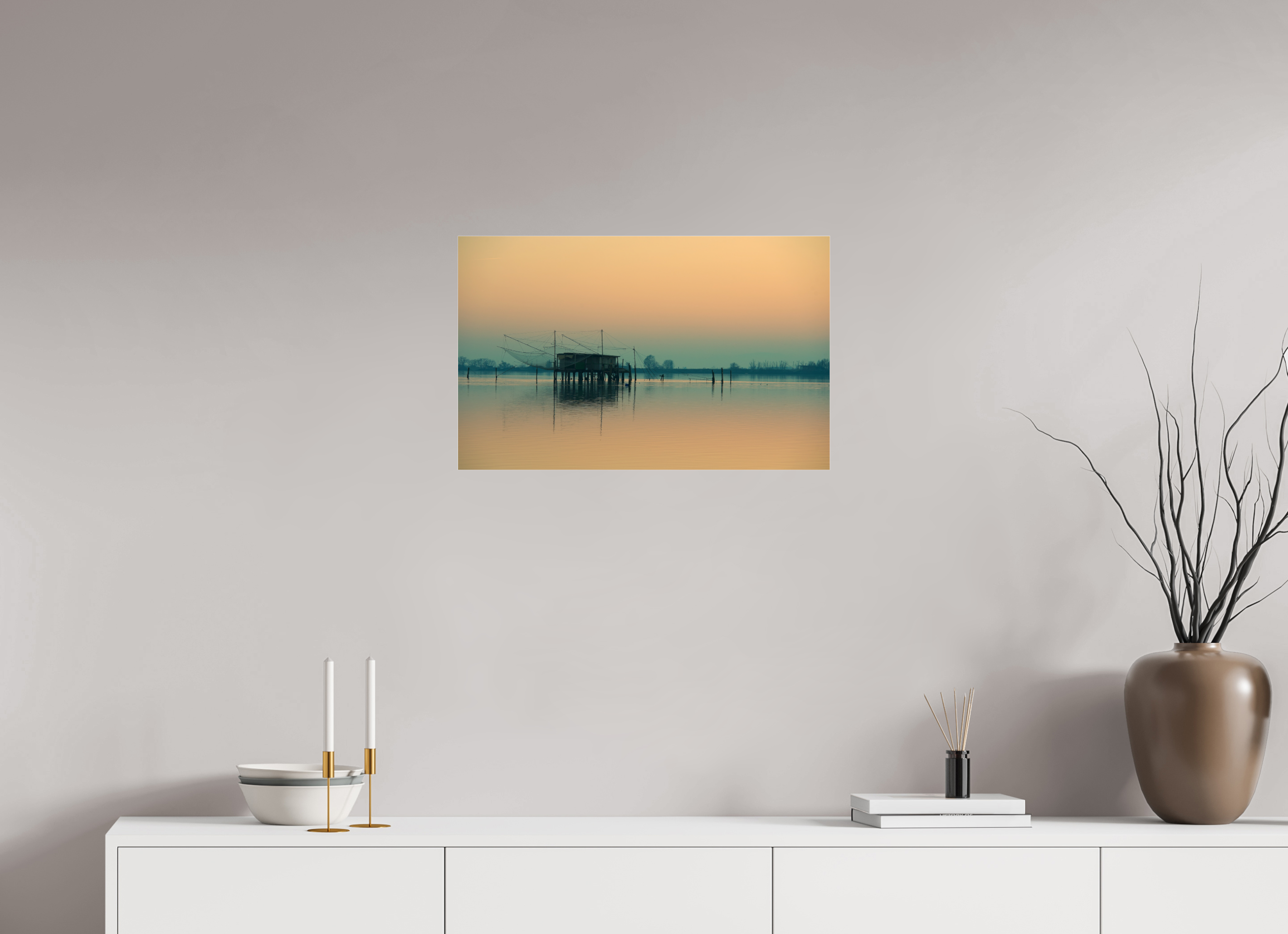 63,6 x 40 cm, Photo Print Under Acrylic Glass Sunrise over the Lake