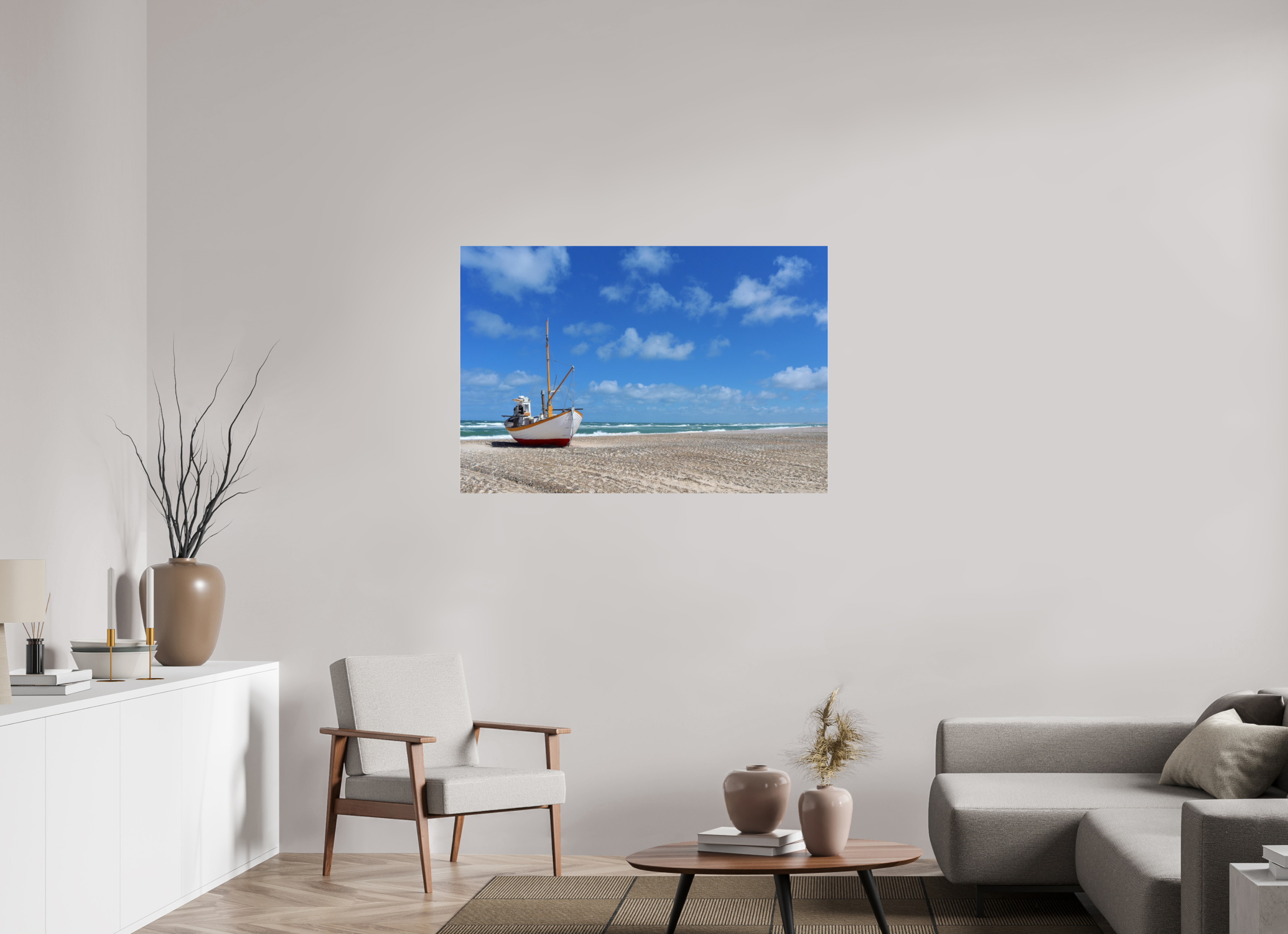 118,9 x 80 cm, Photo Print Under Acrylic Glass Fishing boat on the beach