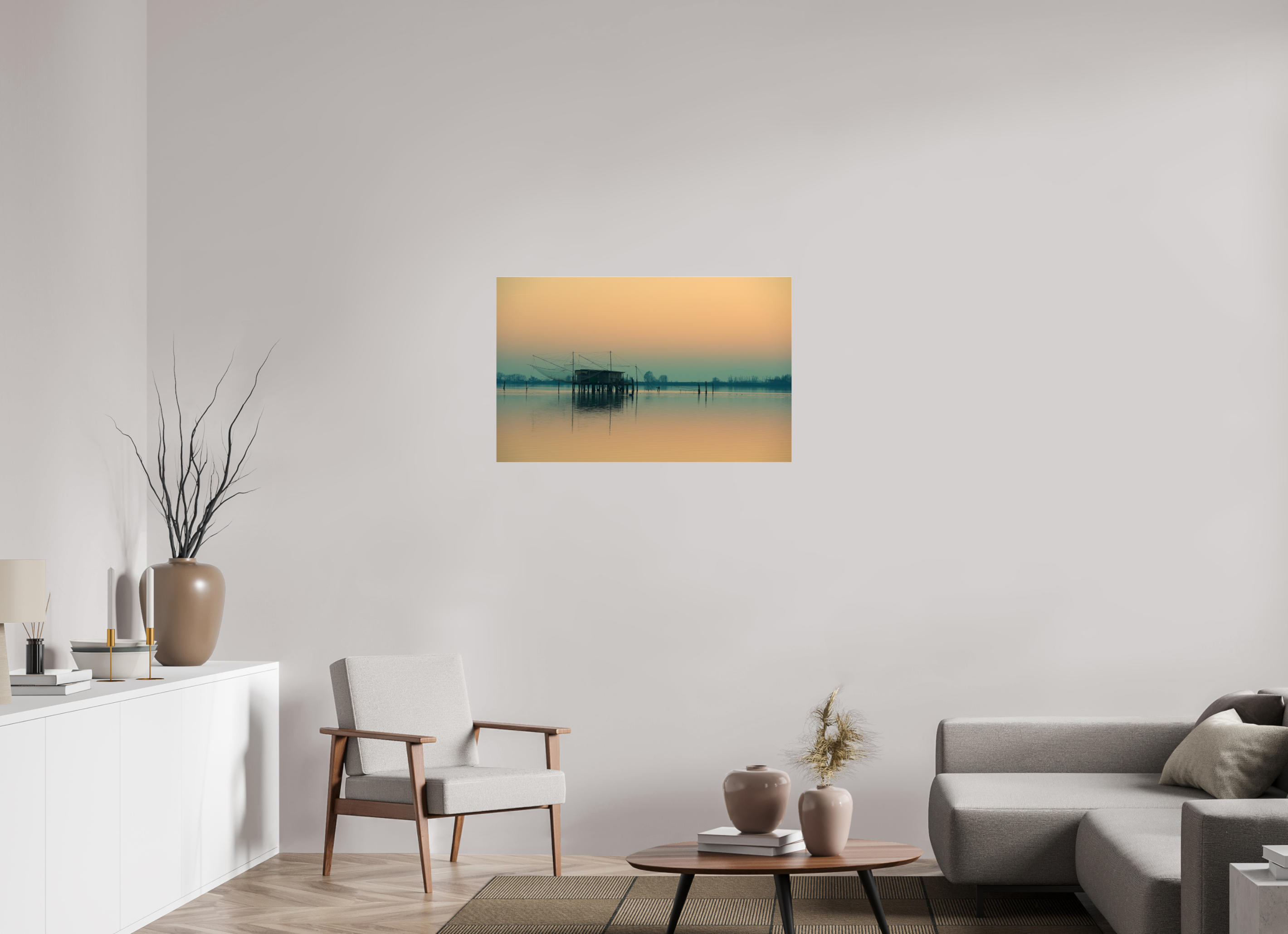 95,5 x 60 cm, Photo Print Under Acrylic Glass Sunrise over the Lake