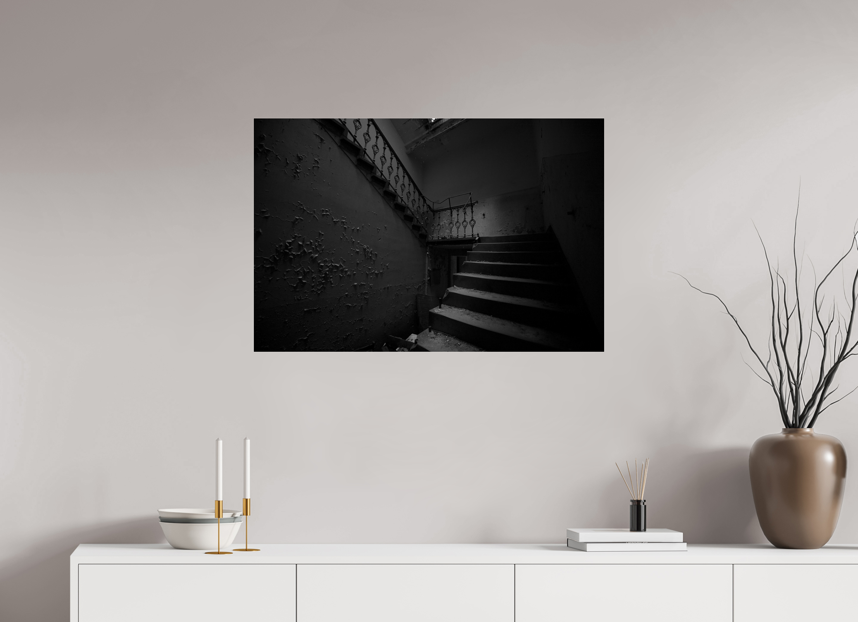 90 x 60 cm, Photo Print Under Acrylic Glass The dark stairway