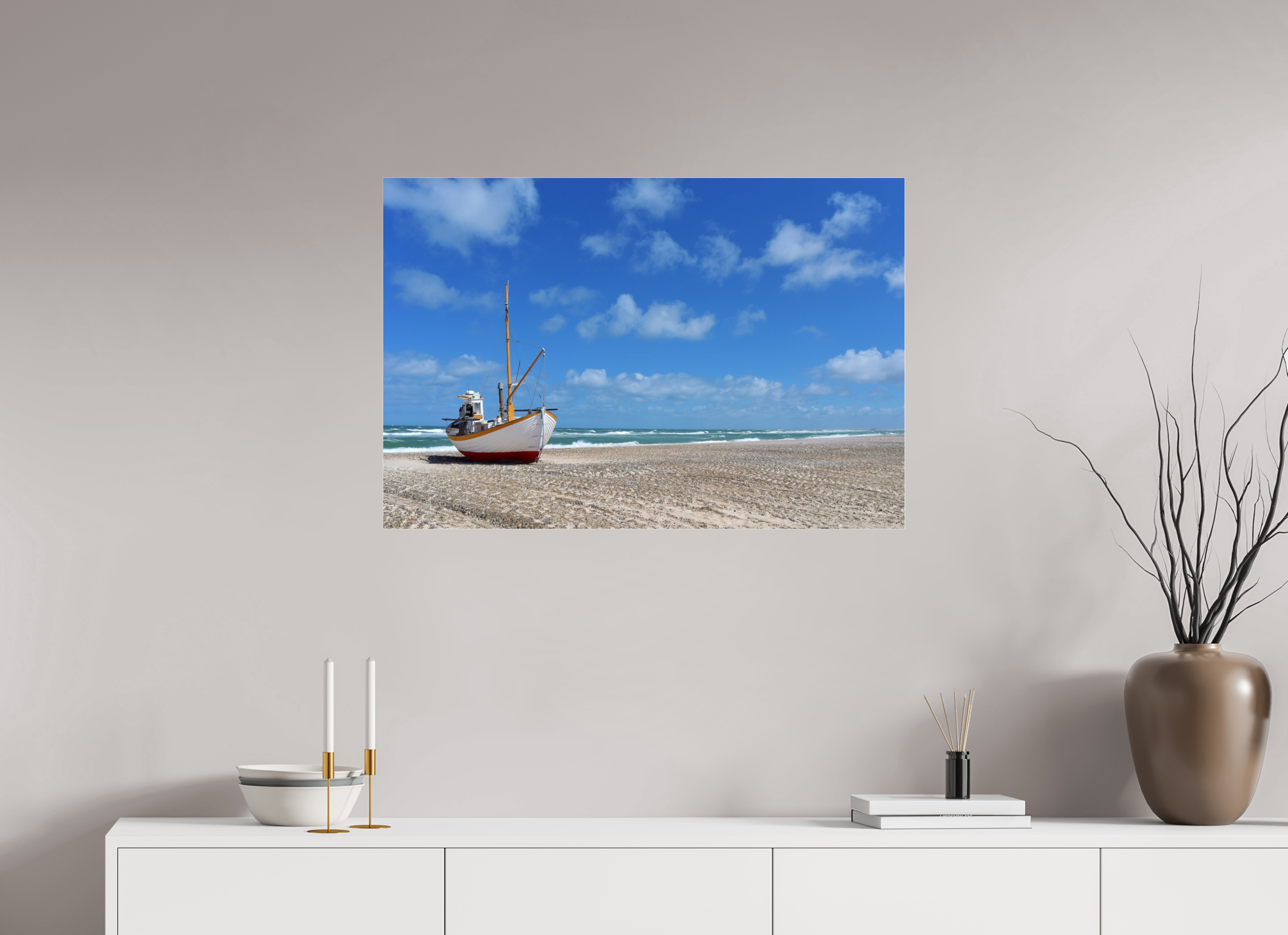 89,2 x 60 cm, Photo Print Under Acrylic Glass Fishing boat on the beach