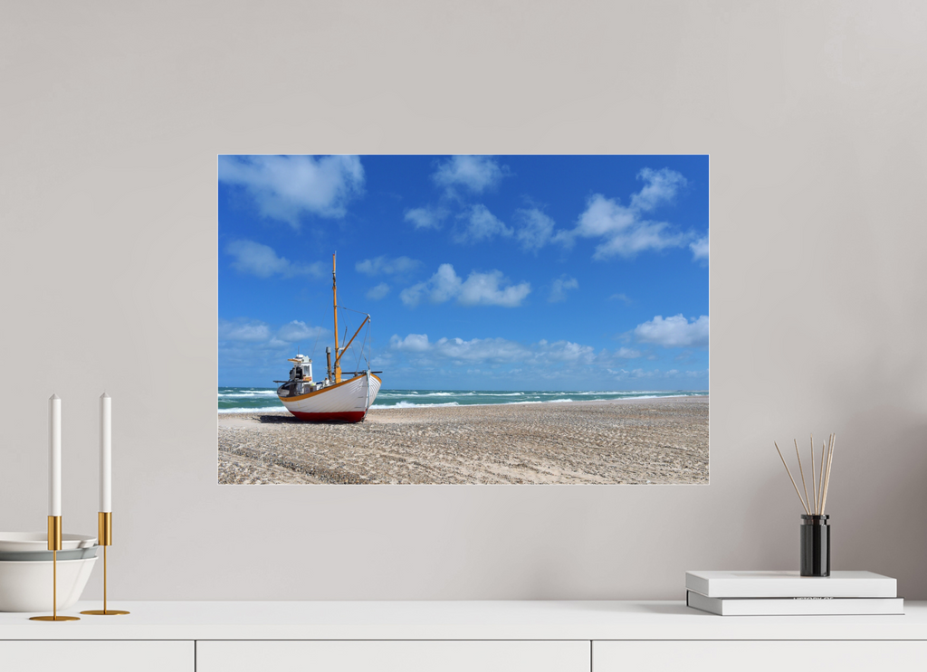 59,5 x 40 cm, Photo Print Under Acrylic Glass Fishing boat on the beach