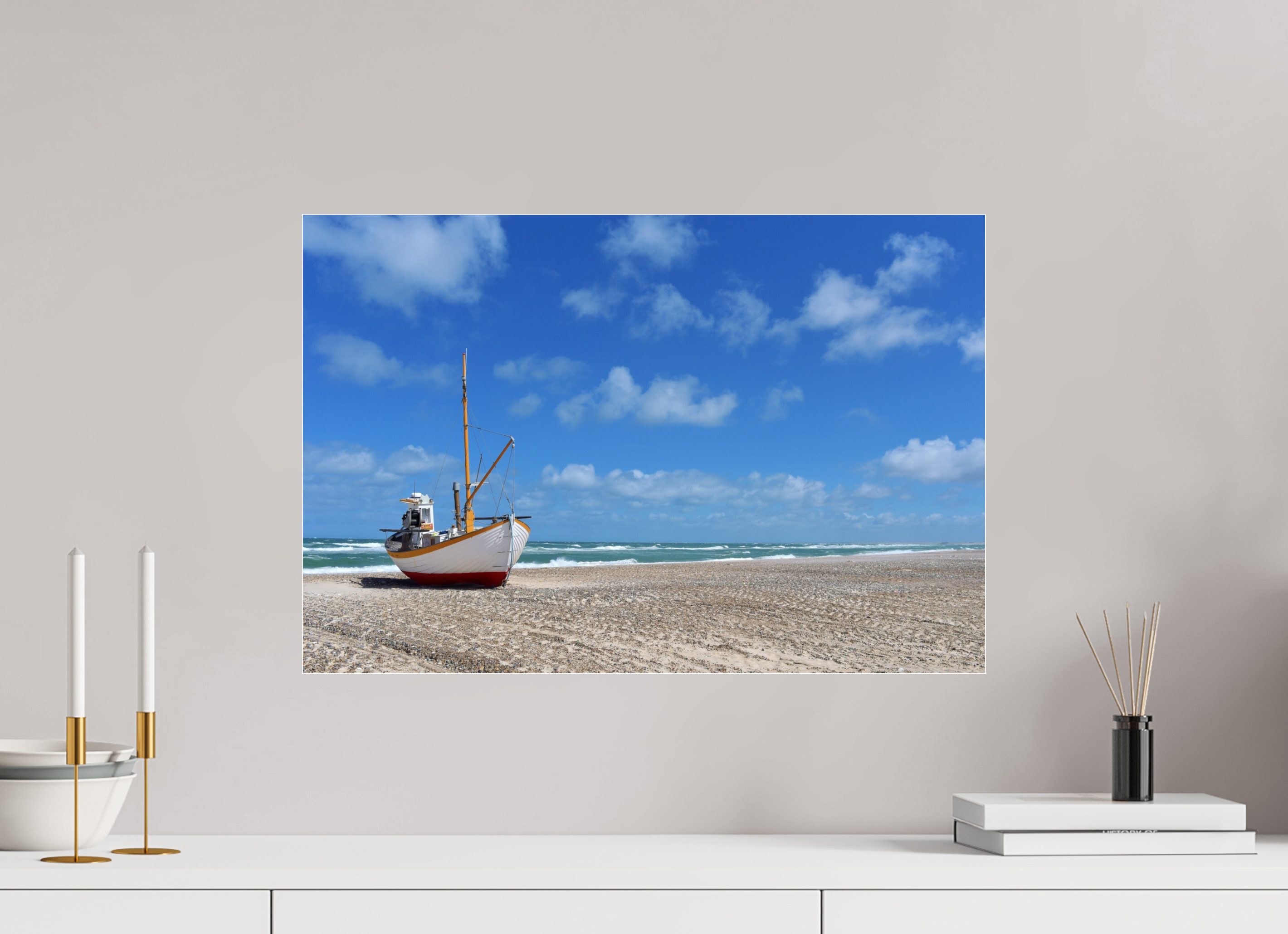 59,5 x 40 cm, Photo Print Under Acrylic Glass Fishing boat on the beach