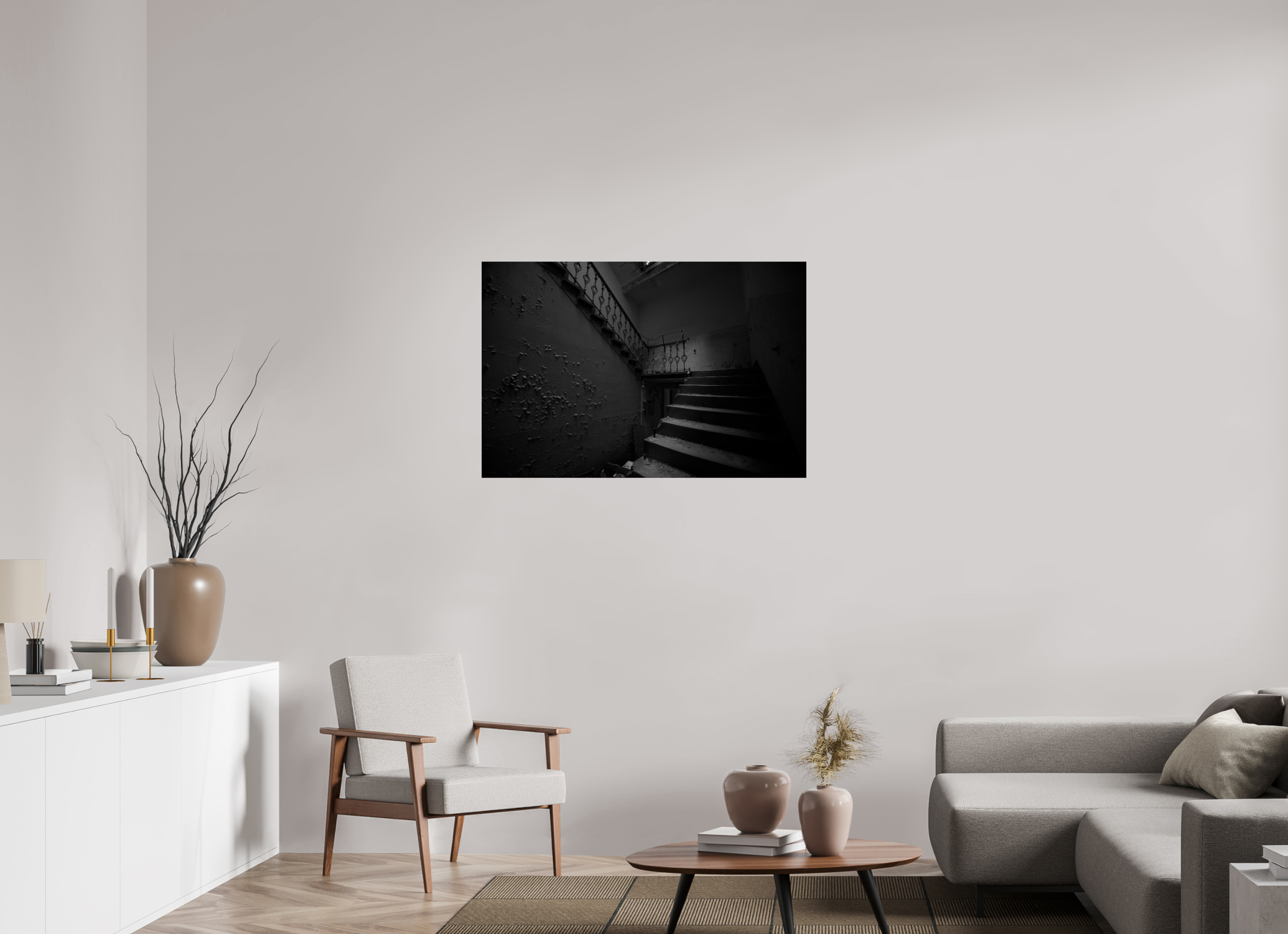 105 x 70 cm, Photo Print Under Acrylic Glass The dark stairway