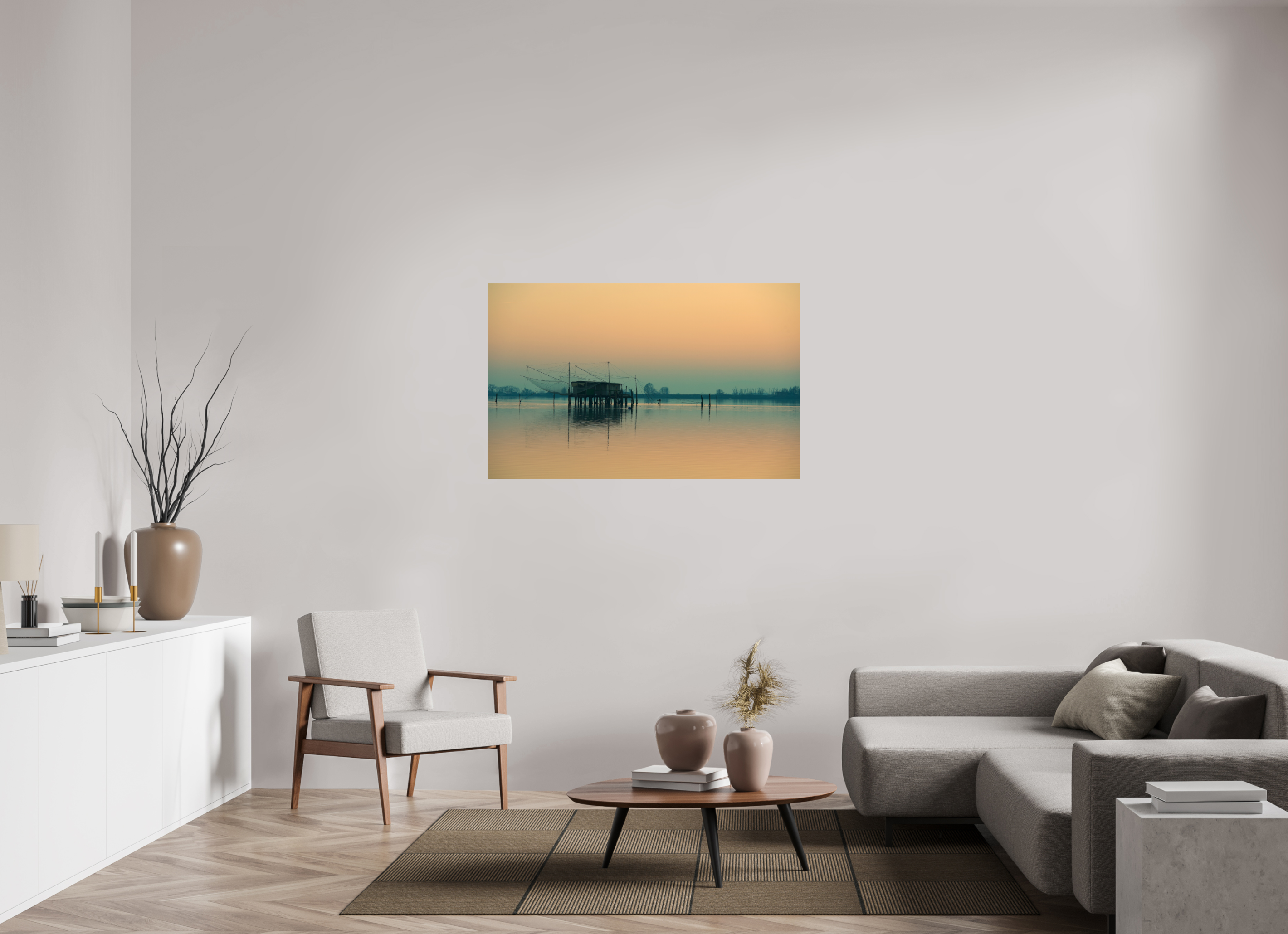 127,3 x 80 cm, Photo Print Under Acrylic Glass Sunrise over the Lake
