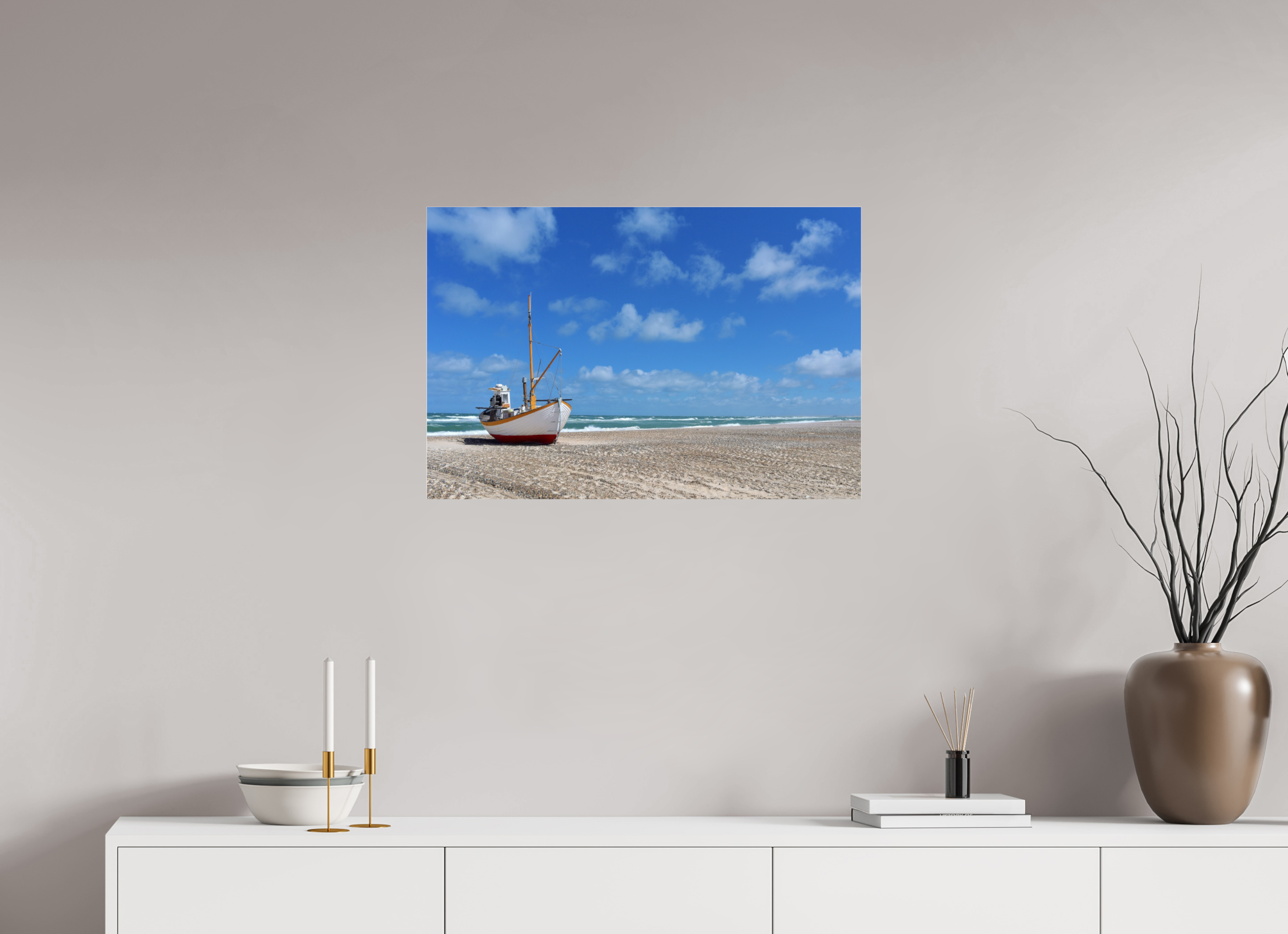 74,3 x 50 cm, Photo Print Under Acrylic Glass Fishing boat on the beach