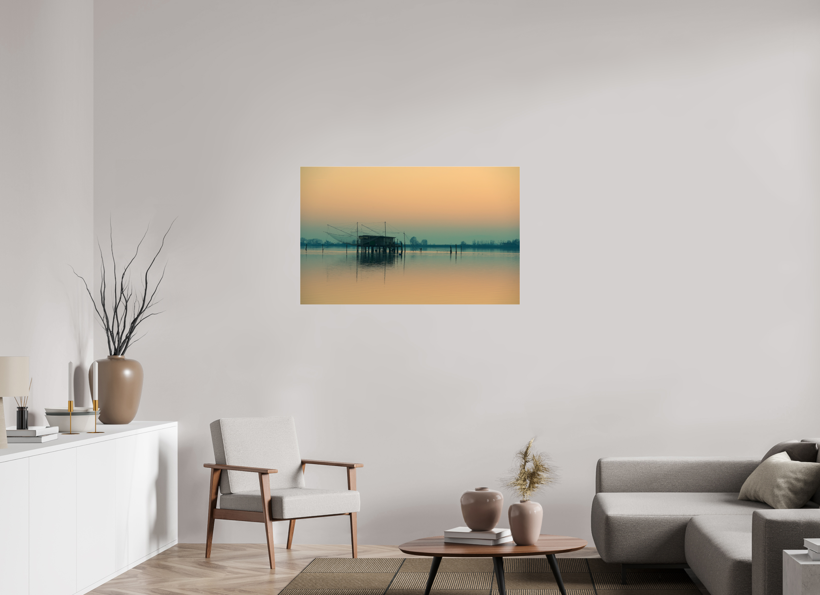 111,4 x 70 cm, Photo Print Under Acrylic Glass Sunrise over the Lake
